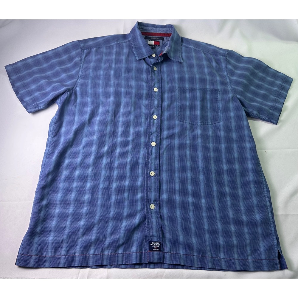 Tommy Hilfiger Jeans Shirt Mens Large L Blue Plaid Grid Short Sleeve Button Down